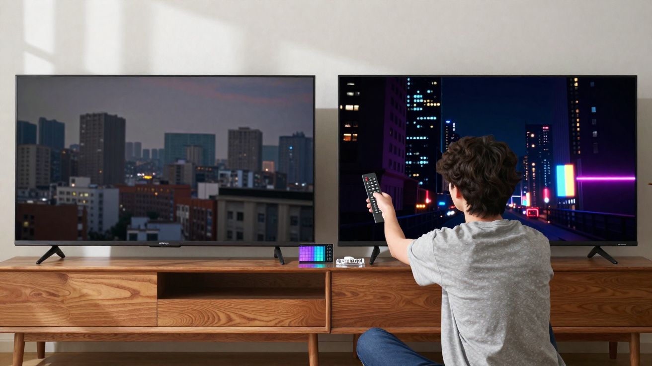 Pessoa sentada no chão controla duas TVs com imagens diferentes de paisagens urbanas à noite.