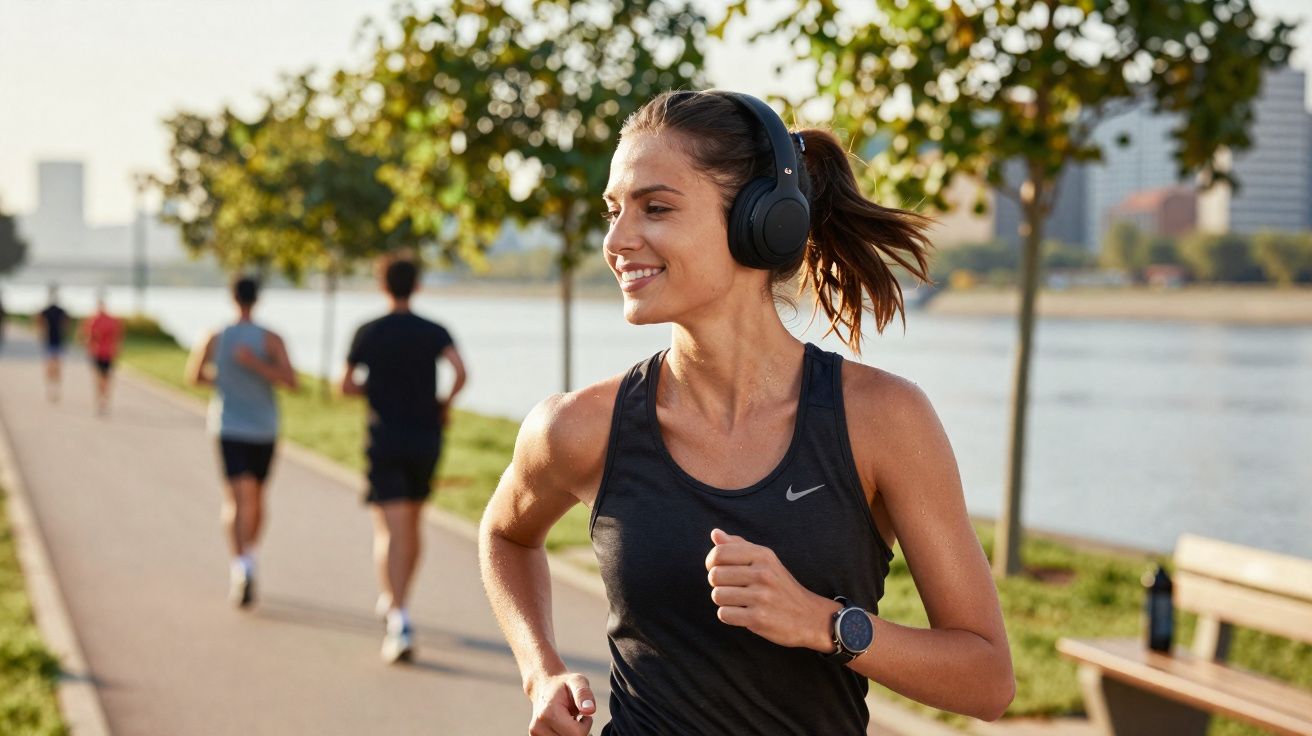 Mulher sorrindo e correndo com fones de ouvido em parque à beira de rio em dia ensolarado.