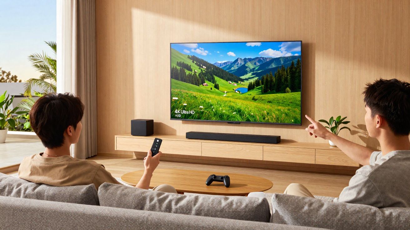 Duas pessoas sentadas no sofá assistindo TV 4K Ultra HD com imagem de campo verde e montanhas.