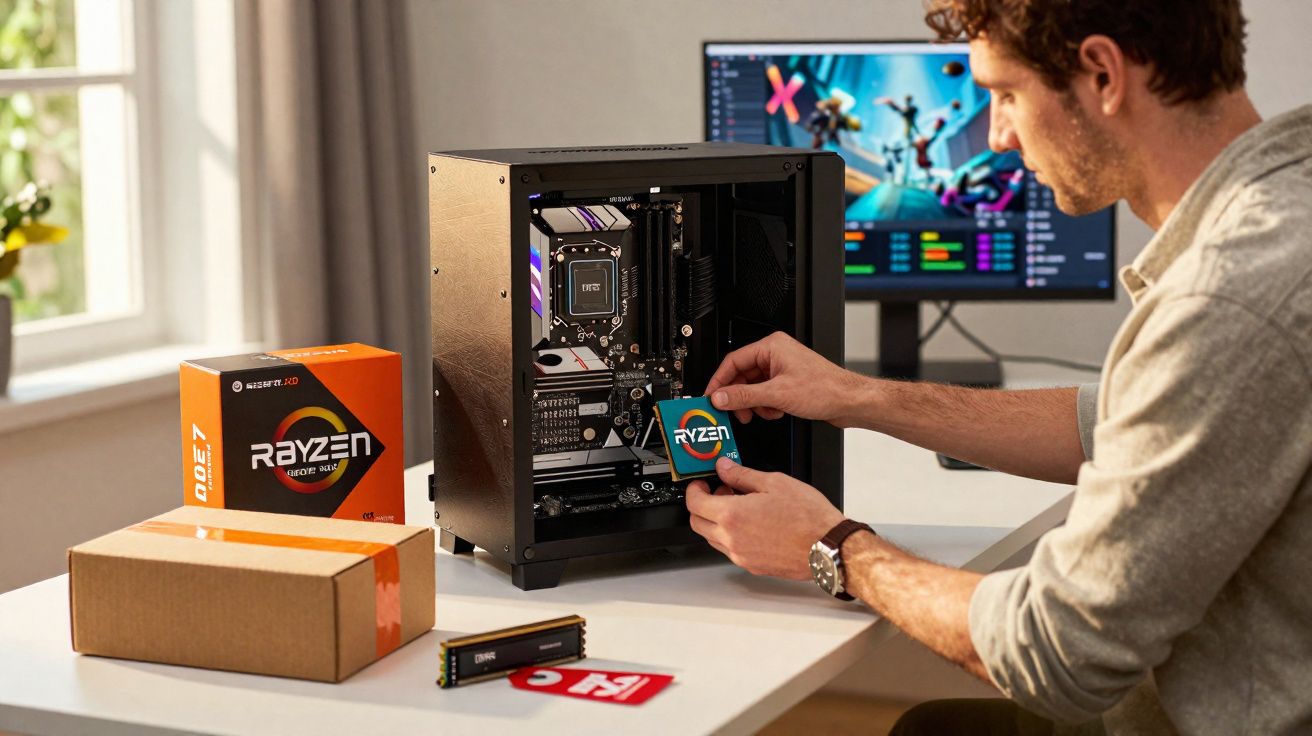 Homem instalando processador Ryzen em gabinete de computador na mesa com caixas e monitor ligado ao fundo.
