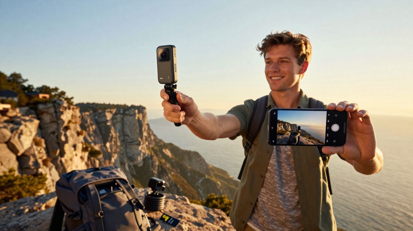 Homem sorridente grava vídeo ao pôr do sol em penhasco com câmera de mão em paisagem costeira.