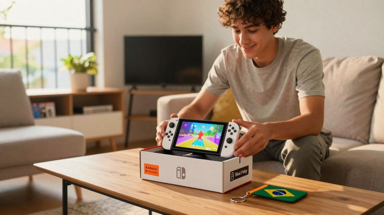 Jovem sentado no sofá jogando videogame Nintendo Switch em mesa de centro na sala.