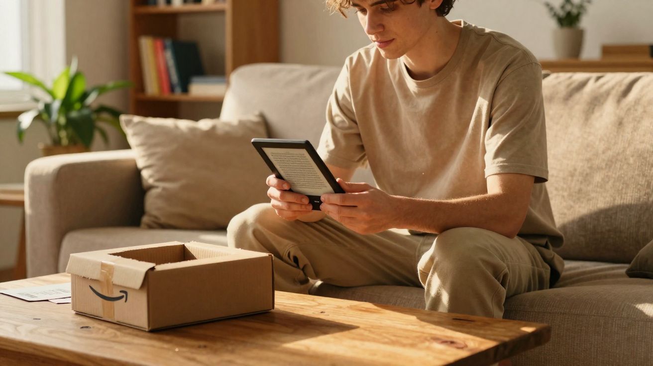Jovem sentado no sofá lendo um e-reader após abrir uma caixa da Amazon na mesa de madeira.