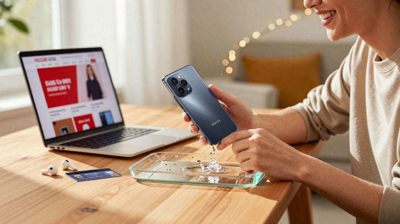 Pessoa testando resistência à água de um smartphone Xiaomi sobre mesa com notebook e fones.