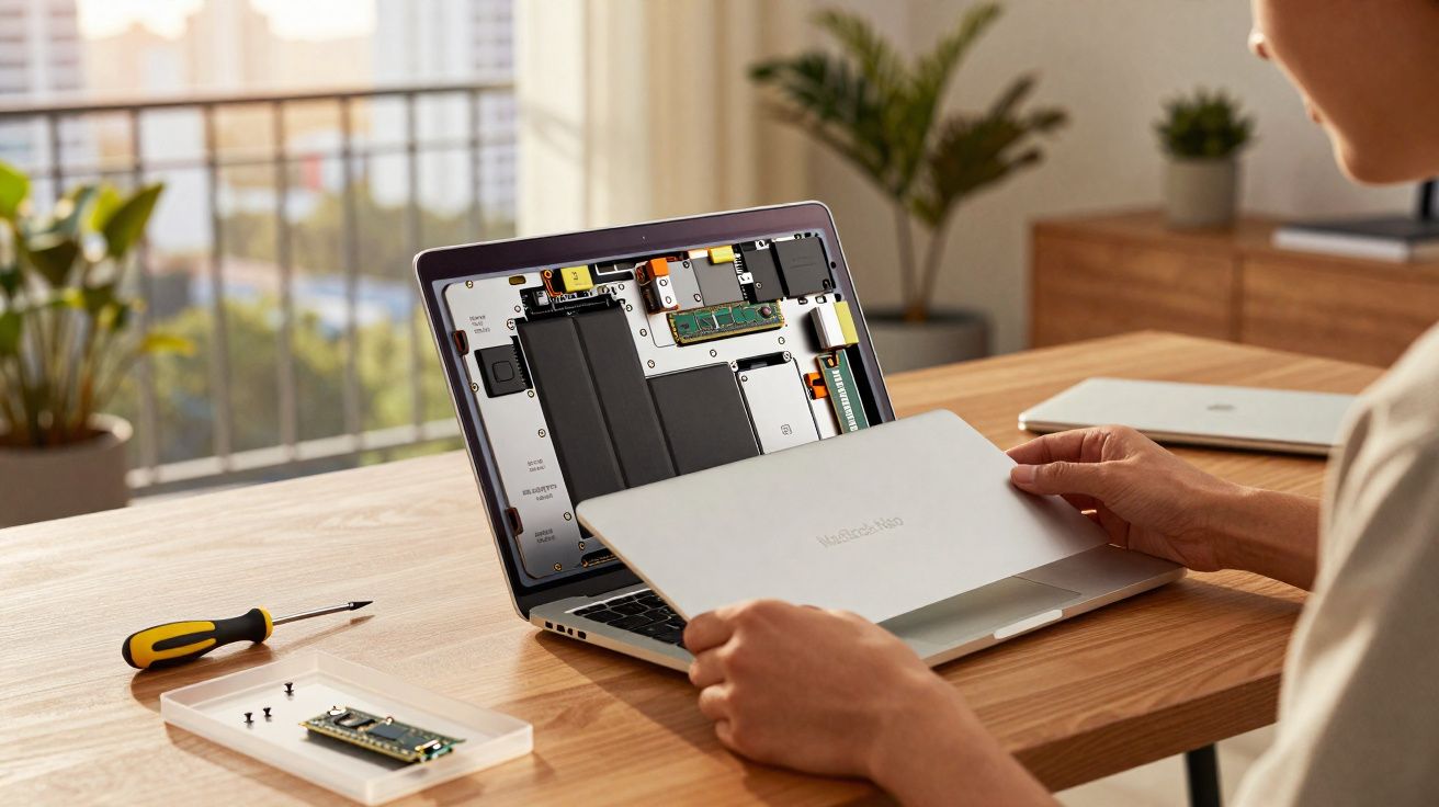 Pessoa abrindo a tampa traseira de um MacBook Air para retirar ou instalar componentes internos.