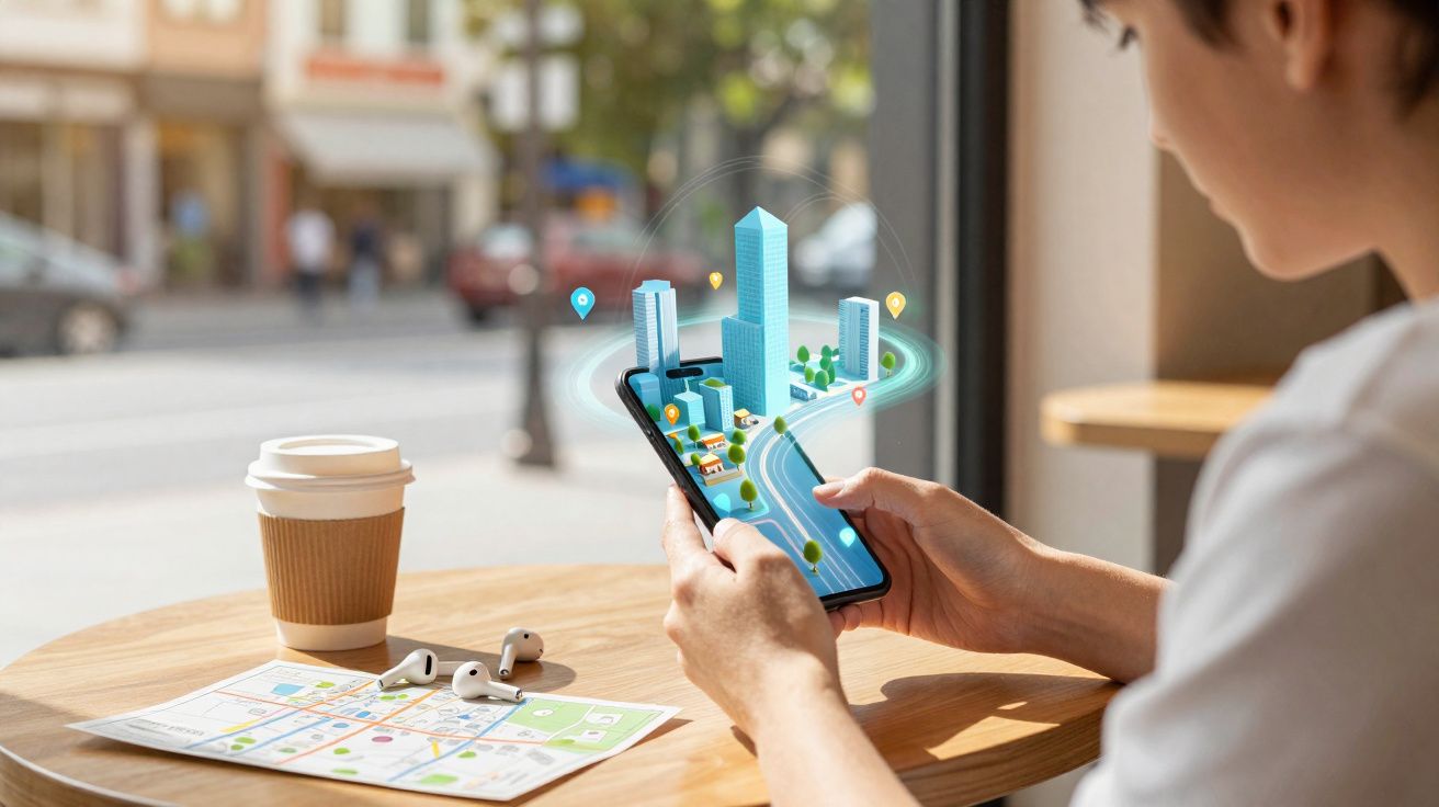 Pessoa usando celular com mapa virtual 3D saindo da tela em mesa com café, fones e mapa físico.