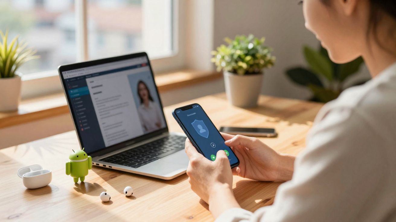 Pessoa usando smartphone com chamada recebida, notebook aberto e fones de ouvido sobre mesa de madeira.