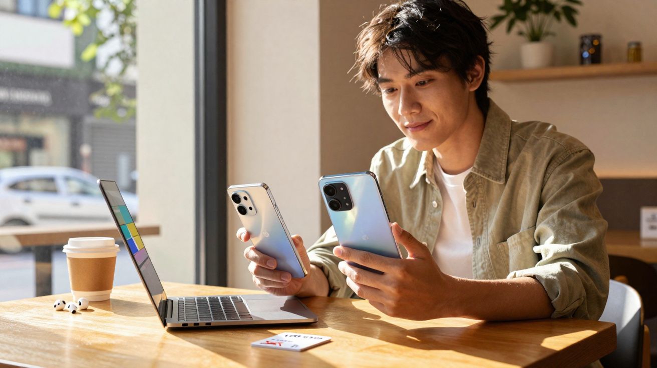 Jovem sentado à mesa com laptop, dois celulares nas mãos, café e fones de ouvido ao lado em ambiente iluminado.