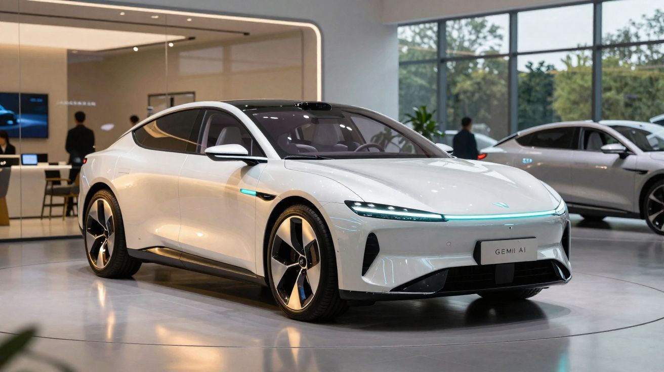 Carro elétrico branco futurista Gemii AI em exposição interna com pessoas ao fundo.