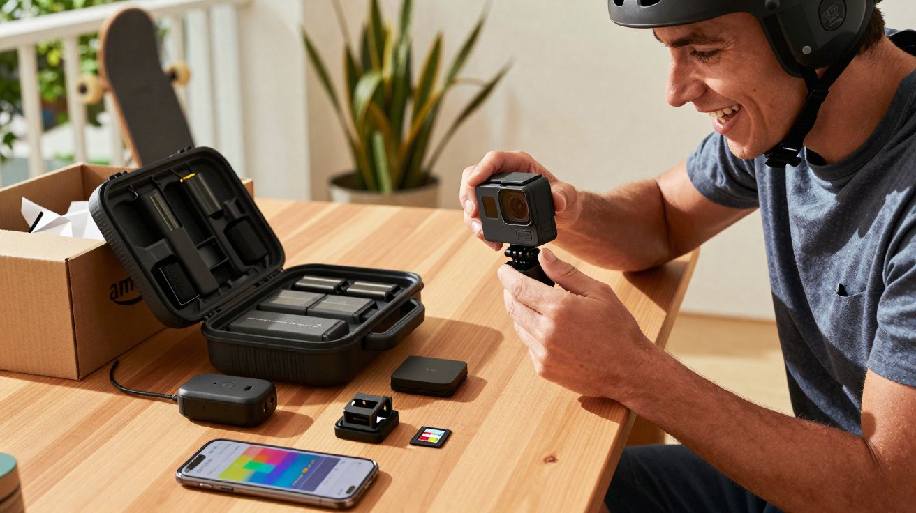 Homem com capacete ajusta câmera de ação perto de estojo, acessórios e celular em mesa de madeira.