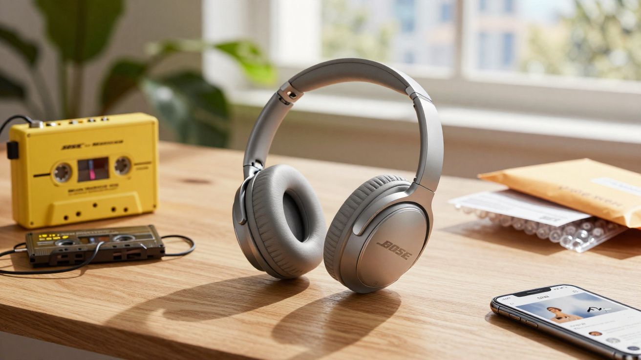 Fones de ouvido cinza Bose sobre mesa de madeira com celular, dois aparelhos de fita cassete e envelope ao fundo.