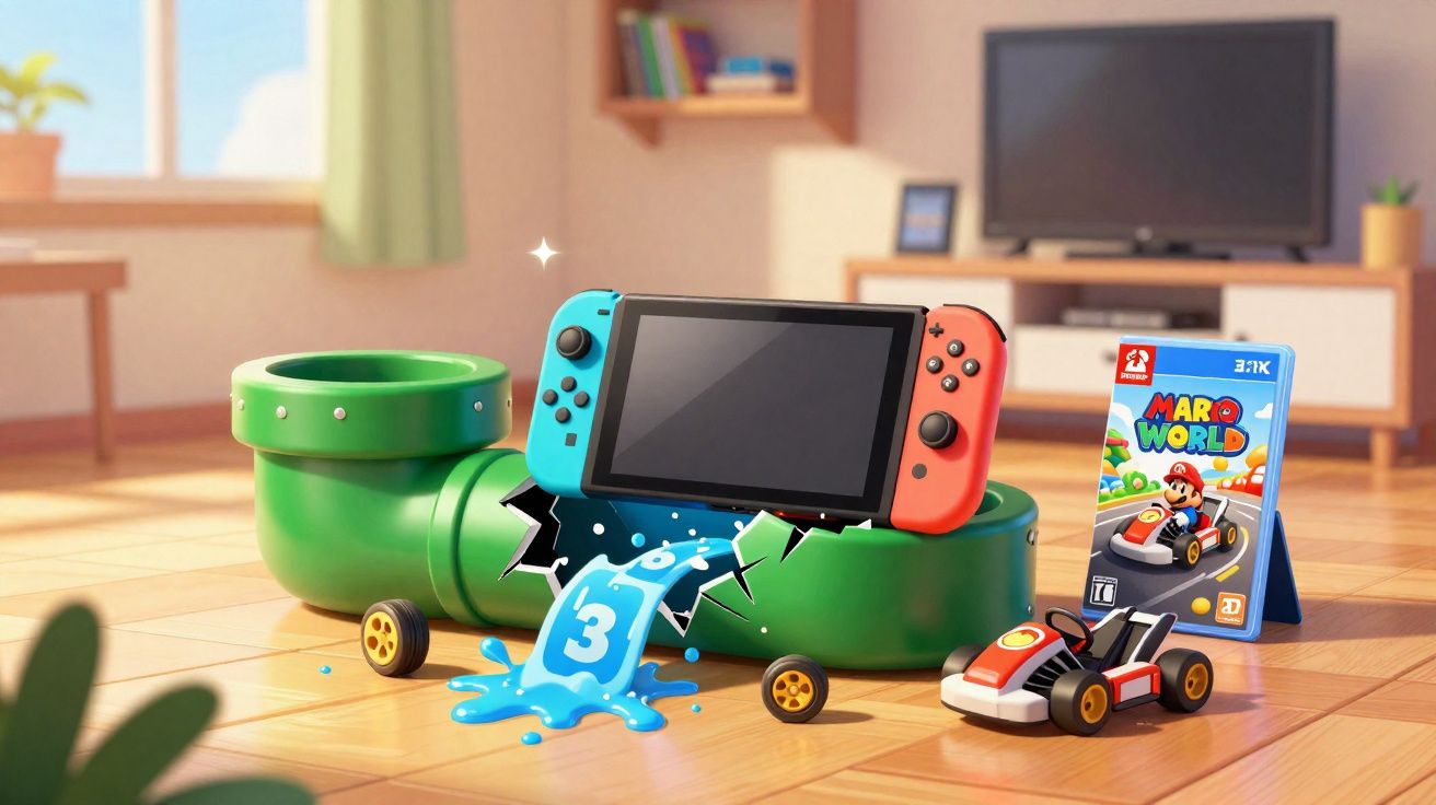 Console Nintendo Switch sobre tubo verde de cano com jogo Mario World e carrinho em sala iluminada pelo sol.