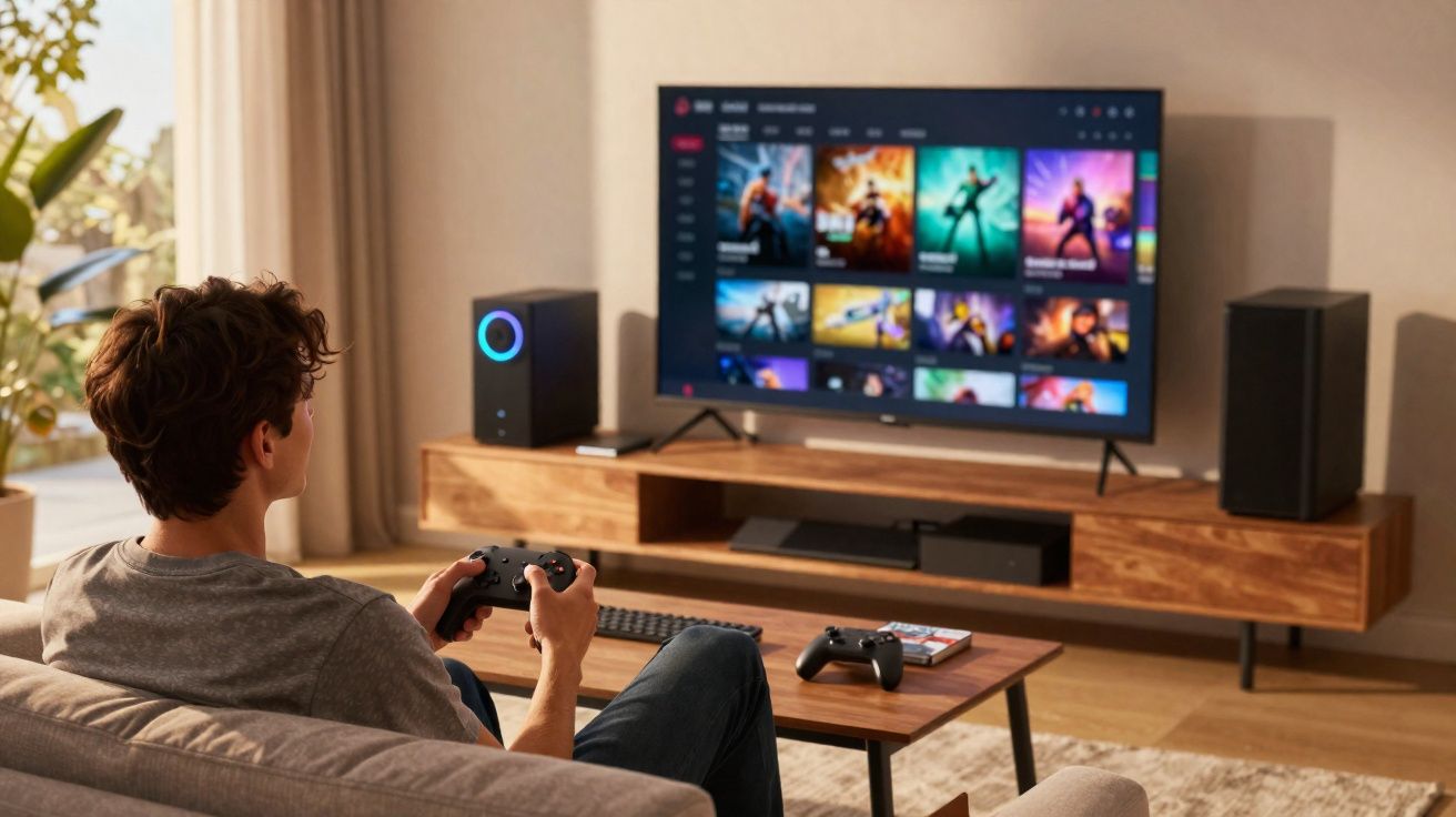 Jovem sentado no sofá jogando videogame com controle em mãos, TV e sistema de som à frente.