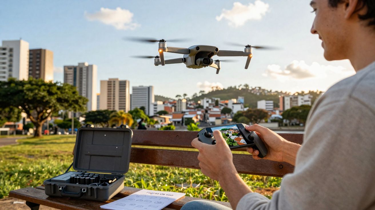 Homem sentado em parque controlando drone com controle remoto, prédios e céu ao fundo.