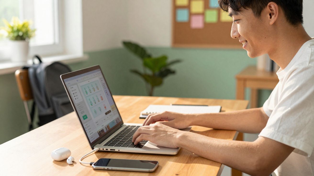 Jovem sorridente usando laptop em mesa de madeira com celular e fones sem fio ao lado, em ambiente iluminado.