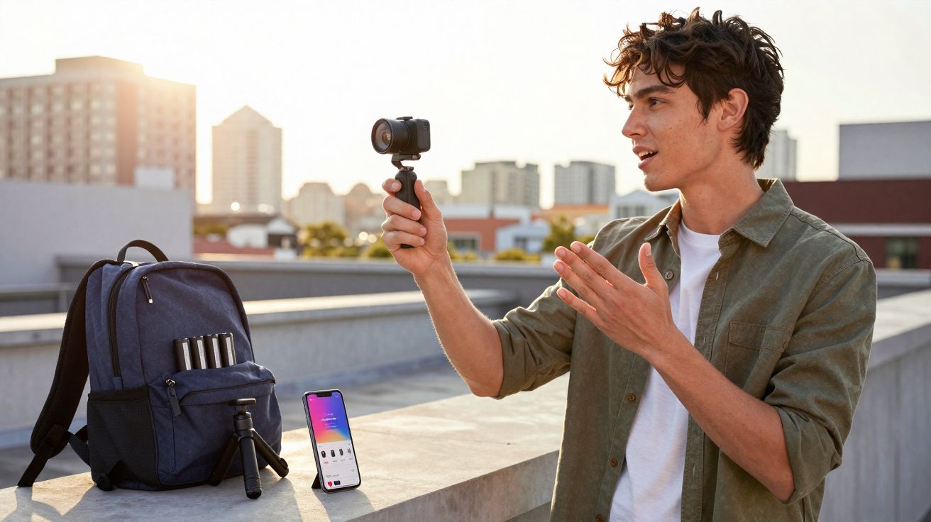Jovem grava vídeo com câmera portátil na mão, próximo a mochila e celular em superfície no terraço.