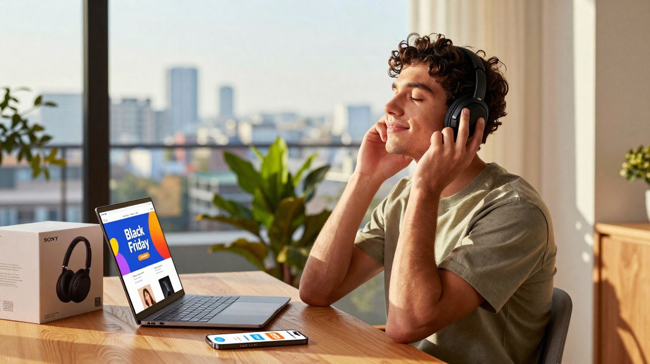 Jovem ouvindo música com fones de ouvido sem fio em mesa com notebook e celular.