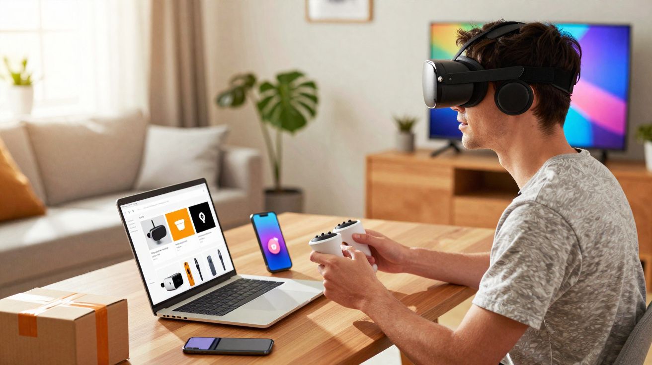 Jovem usando óculos VR e controles de videogame sentado à mesa com notebook aberto e smartphone apoiado.