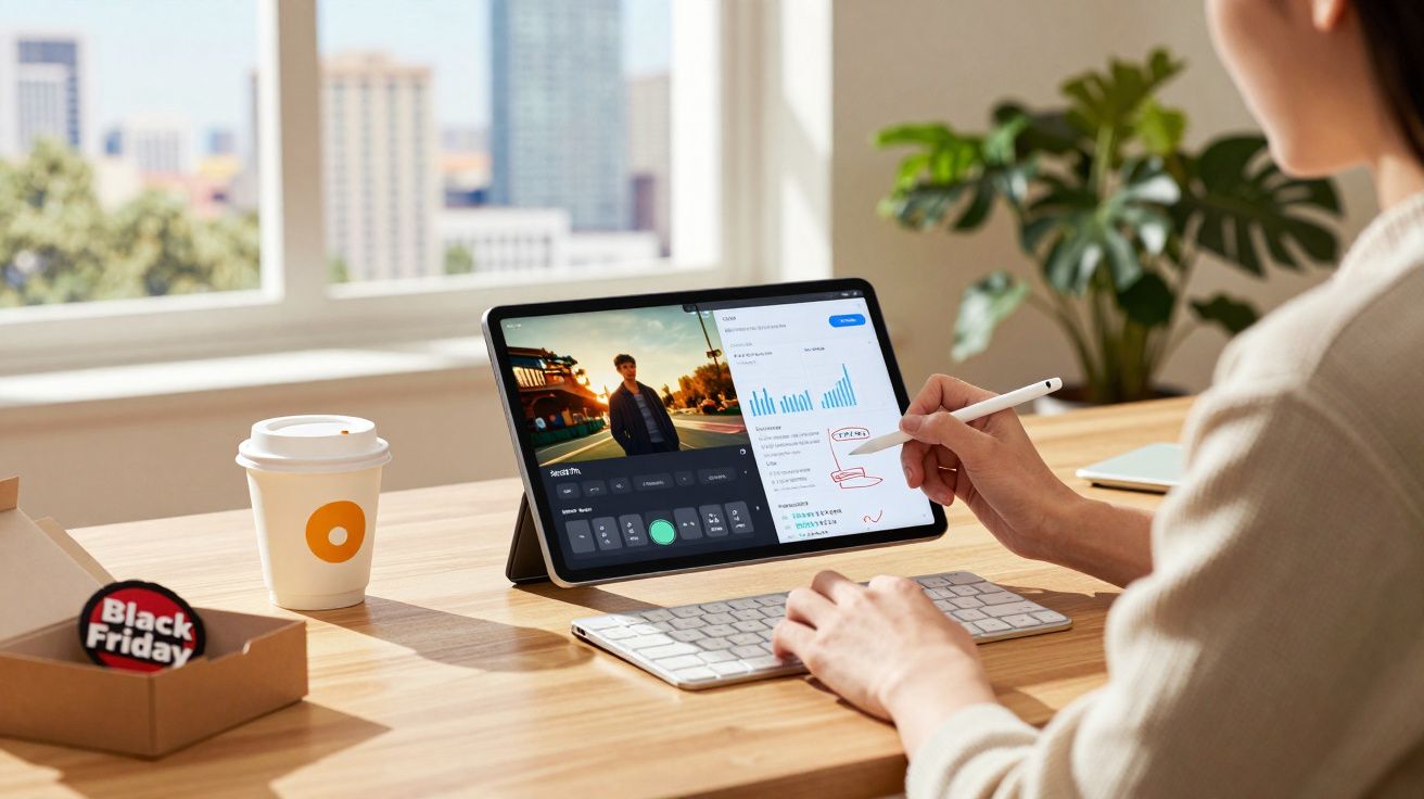 Pessoa usando tablet com gráficos em mesa com copo de café e caixa com adereço de Black Friday.