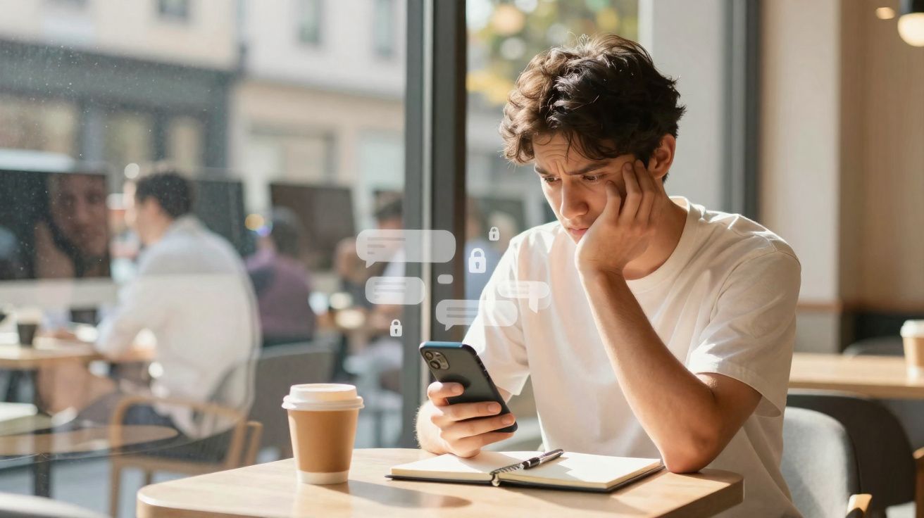 Jovem preocupado olhando celular sentado em cafeteria com xícara de café e caderno na mesa.