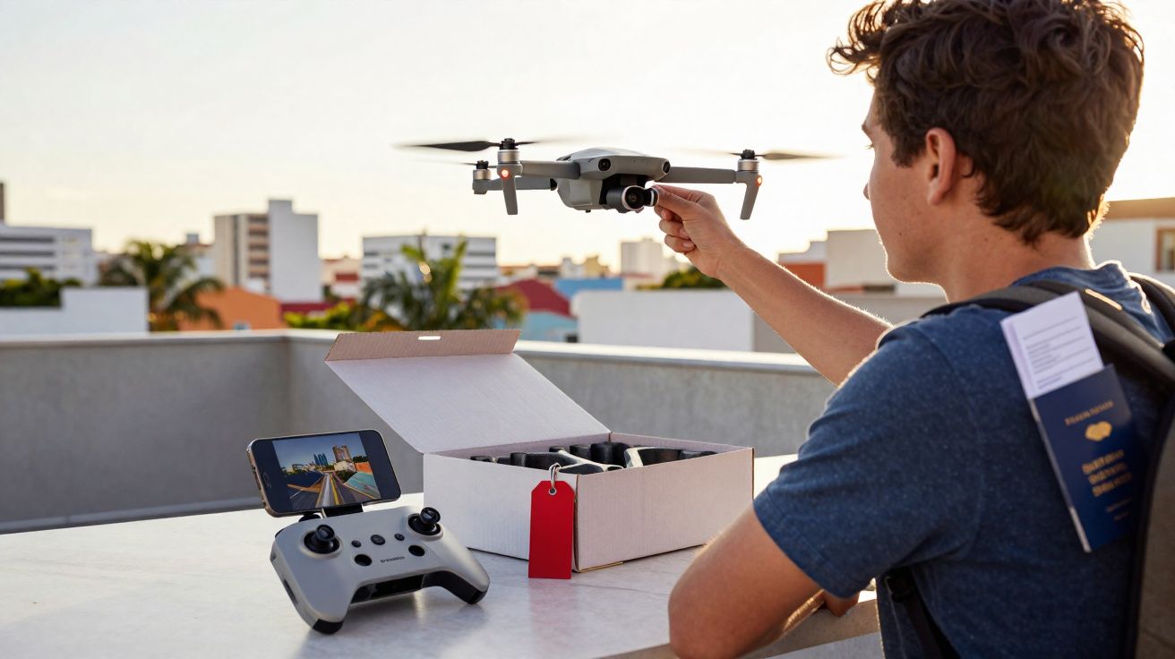 Pessoa segurando um drone sobre uma mesa com controle remoto e caixa aberta em área urbana ao entardecer.