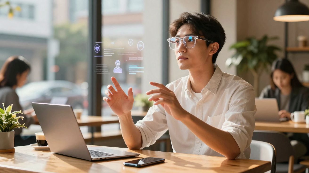 Jovem usando óculos interage com interface holográfica em café, com laptop e celular à sua frente.