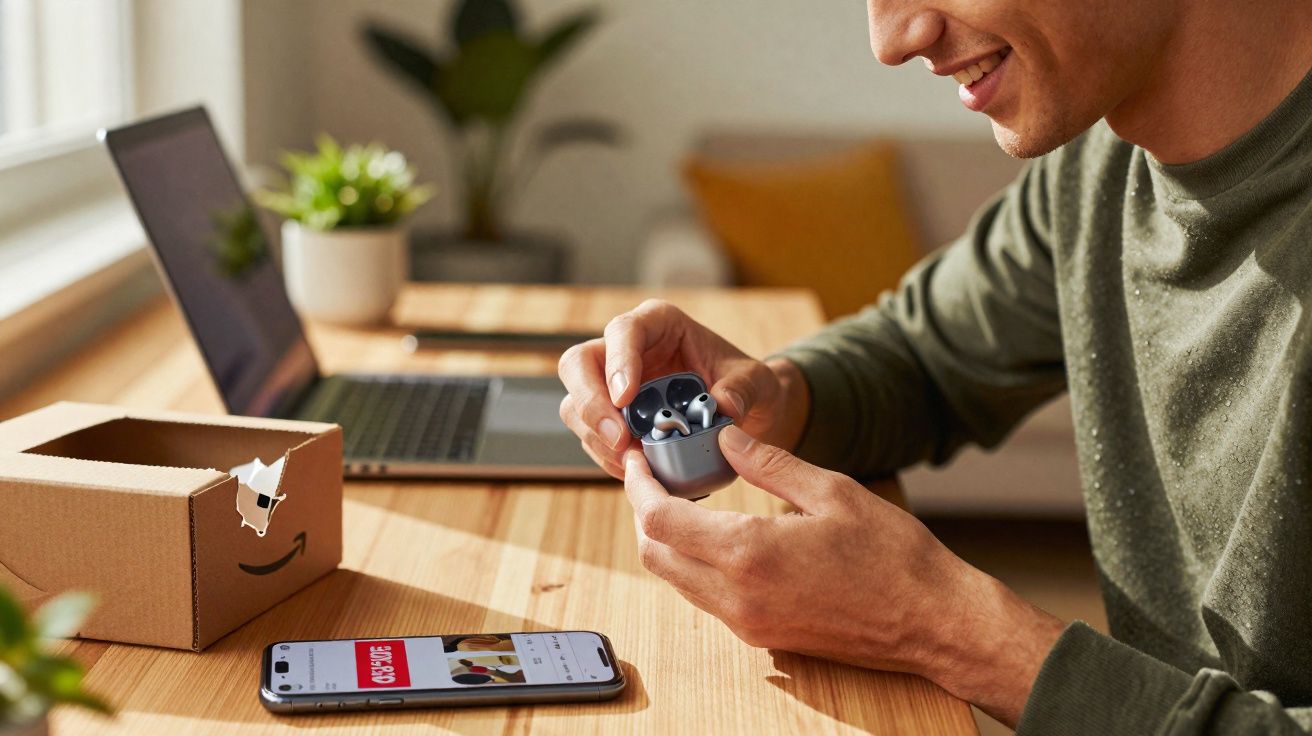 Homem segurando fones de ouvido sem fio próximos a celular e caixa de papelão sobre mesa de madeira.