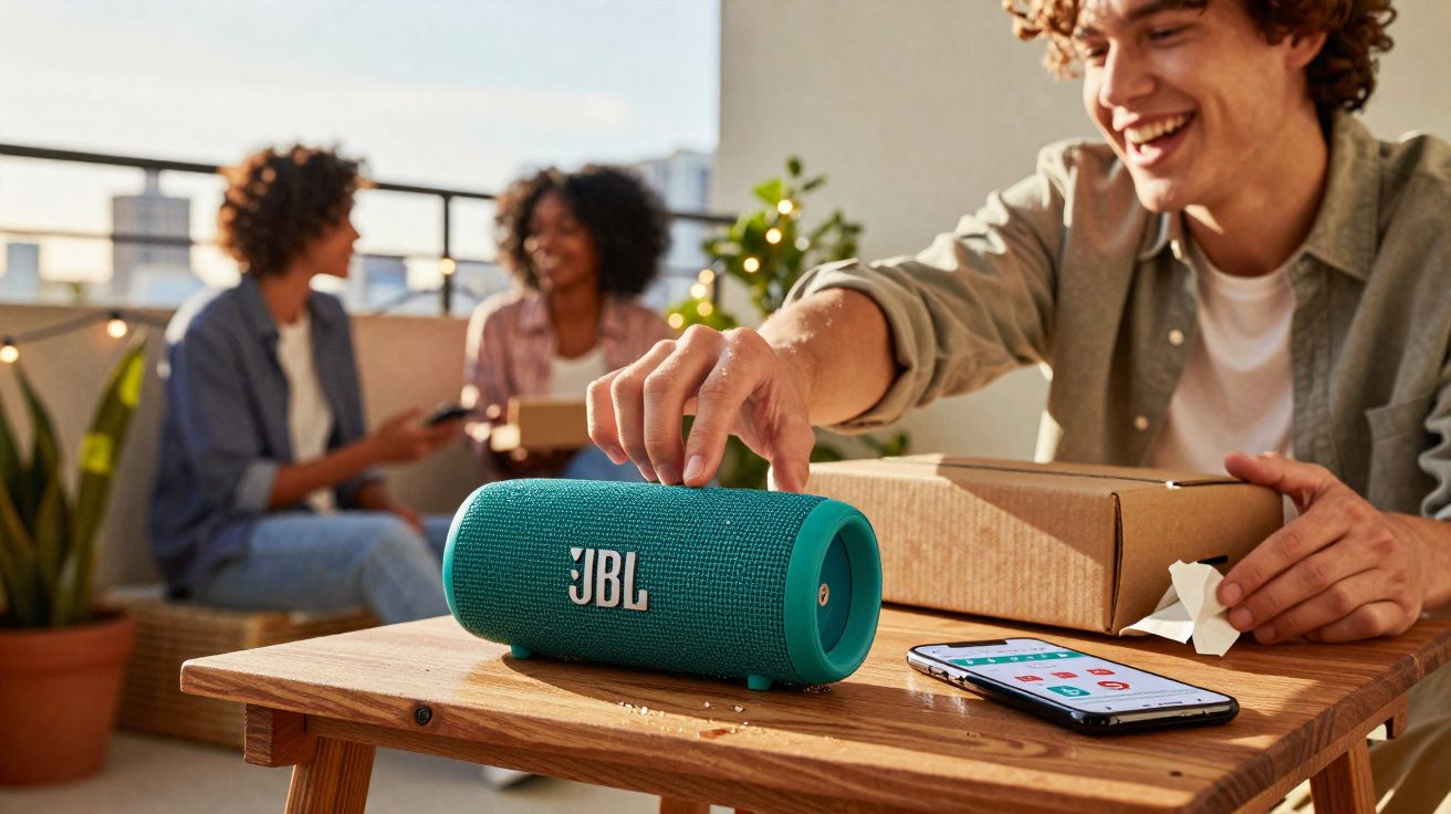 Jovem toca em caixa de som JBL azul em mesa com celular, enquanto duas pessoas conversam ao fundo.