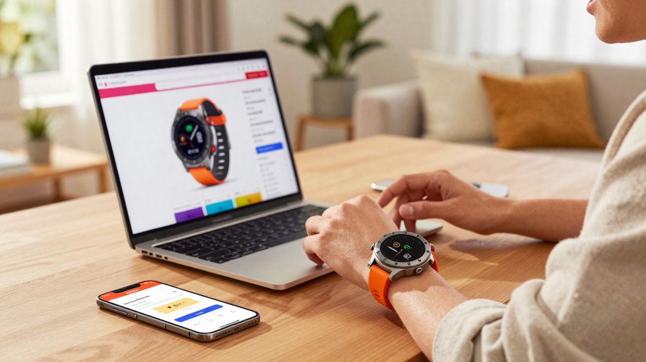 Pessoa com relógio smartwatch laranja comprando outro igual online no notebook, com celular na mesa.