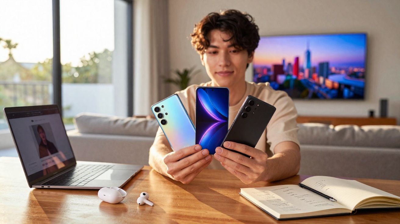 Jovem sentado à mesa segurando três smartphones, com notebook, fones e caderno à sua frente.