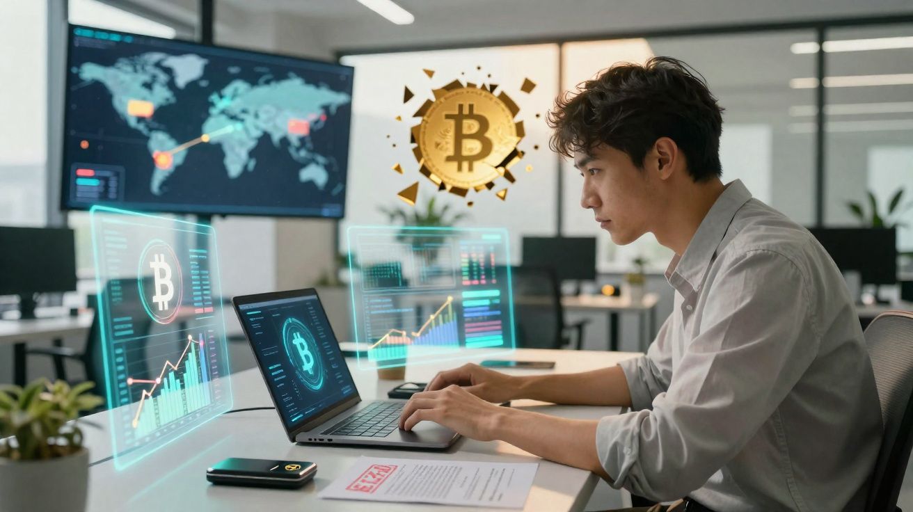 Homem jovem usando laptop e telas holográficas analisando gráficos de Bitcoin em escritório moderno.