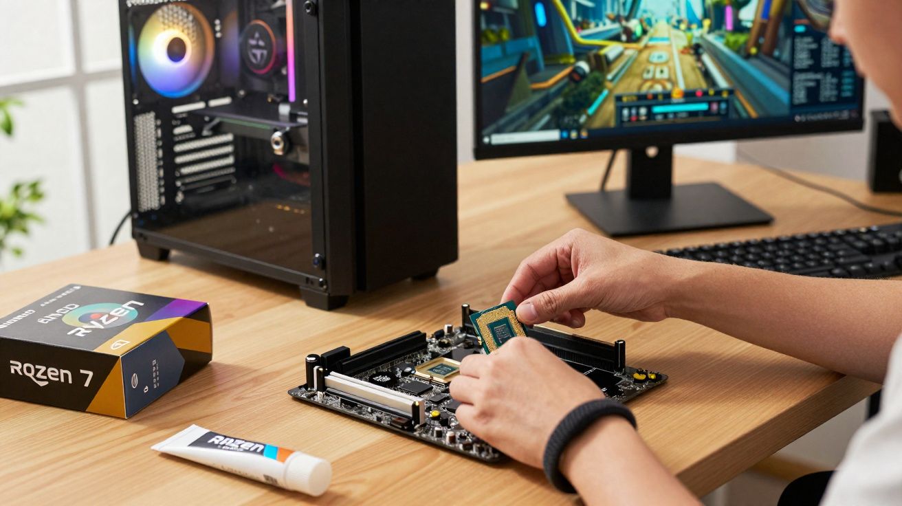 Pessoa instalando processador Ryzen em placa-mãe sobre mesa com computador e monitor ao fundo.