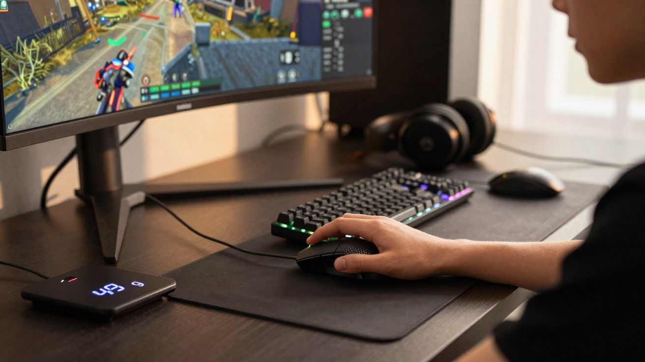 Pessoa jogando jogo de tiro em computador com teclado, mouse, fone e monitor em mesa organizadas.