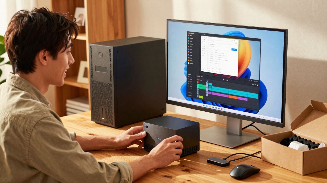 Homem usando computador desktop com monitor grande e caixa preta sobre mesa de madeira.
