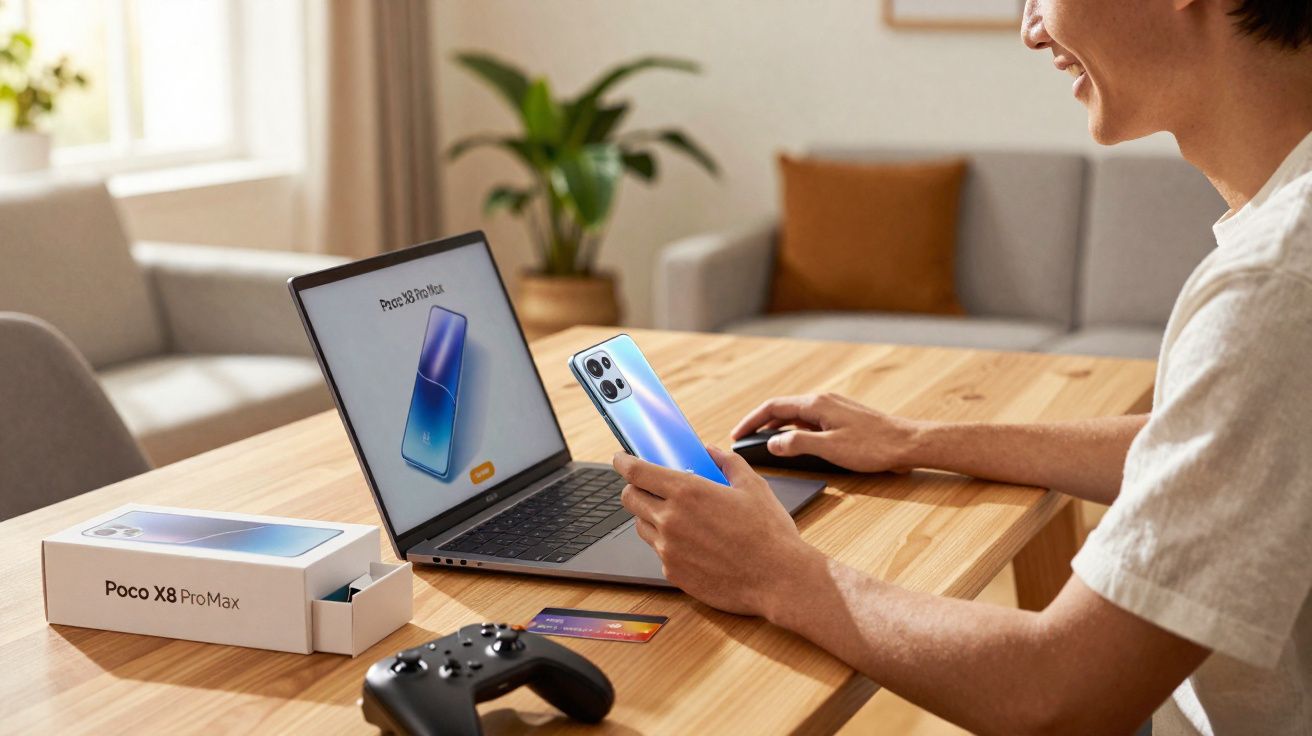 Pessoa segurando smartphone azul ao lado de caixa, cartão e controle em mesa com notebook aberto mostrando celular.