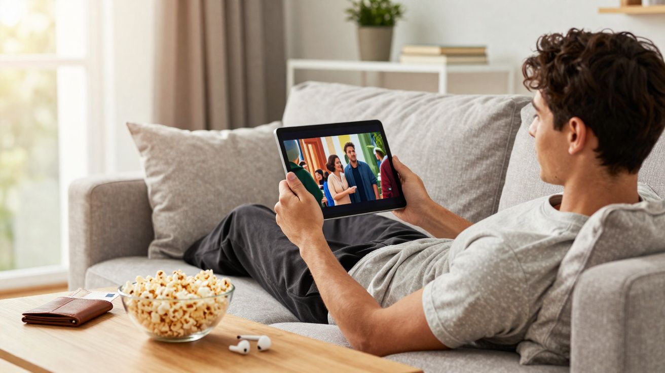 Homem relaxando no sofá assistindo série em tablet com tigela de pipoca na mesa de centro.