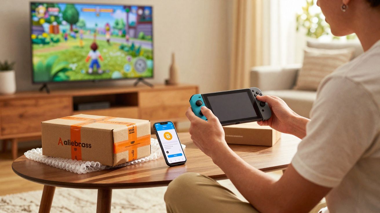 Pessoa jogando videogame portátil na sala com caixas de encomendas e celular sobre mesa de madeira.