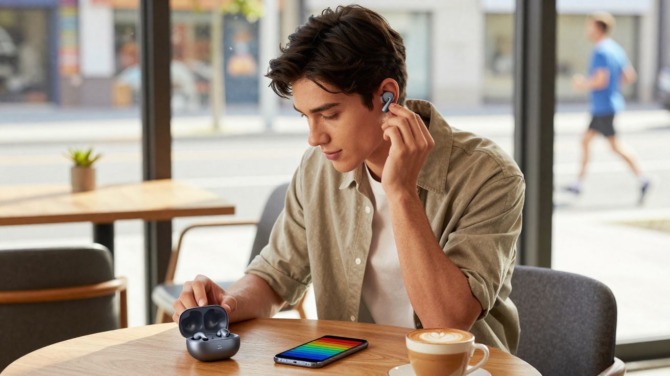 Jovem em cafeteria colocando fone de ouvido sem fio, com celular e café sobre a mesa.