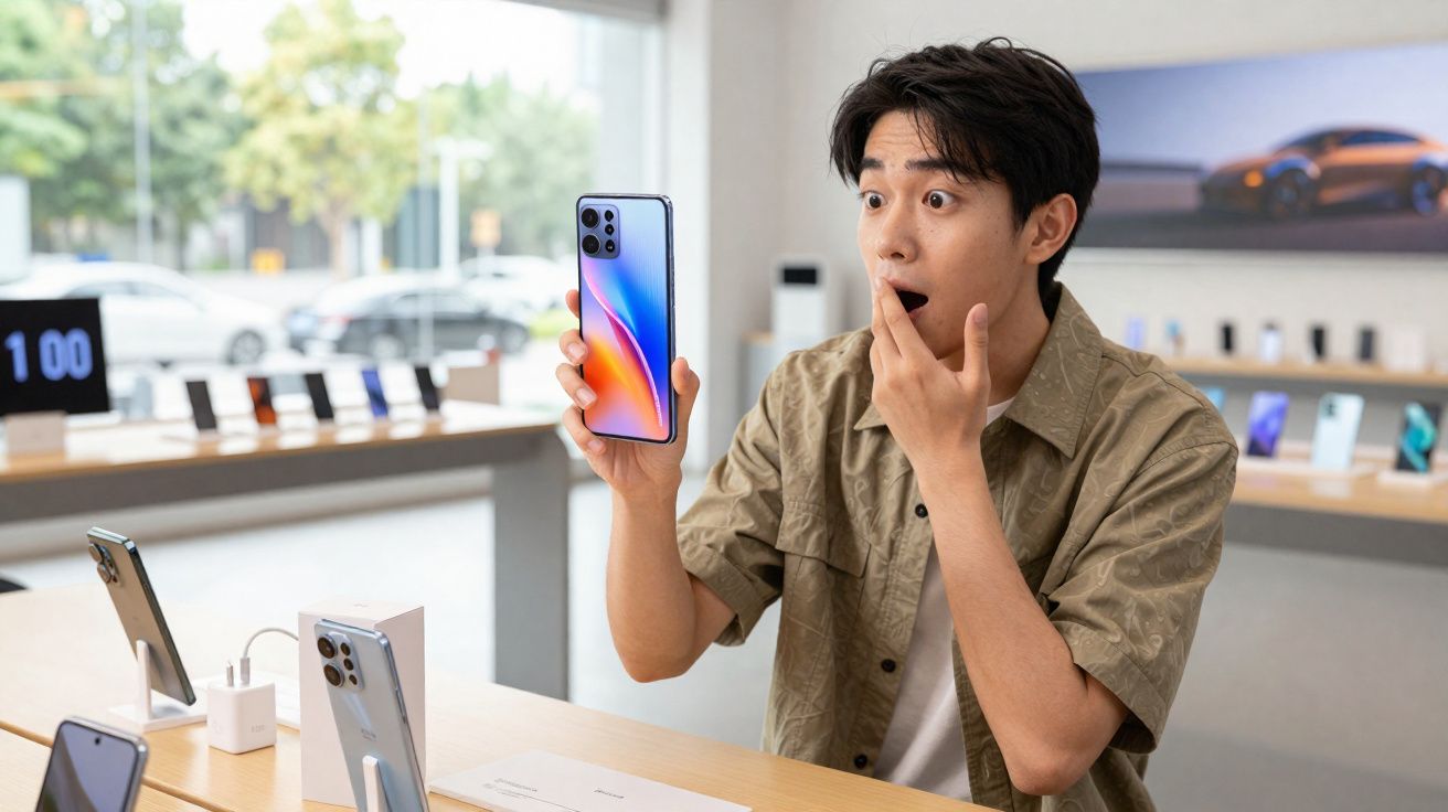 Jovem surpreso segurando smartphone em loja de eletrônicos cheia de celulares à mostra.