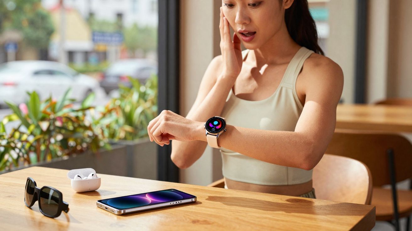 Mulher surpresa olhando relógio inteligente enquanto está sentada em mesa com smartphone e fones sem fio.