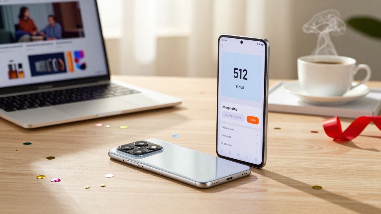 Mesa de madeira com celular, smartphone em pé mostrando armazenamento e laptop ao fundo, xícara com café fumegante.