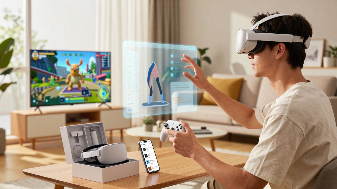 Homem usando óculos de realidade virtual e controle, interagindo com holograma em sala de estar moderna.