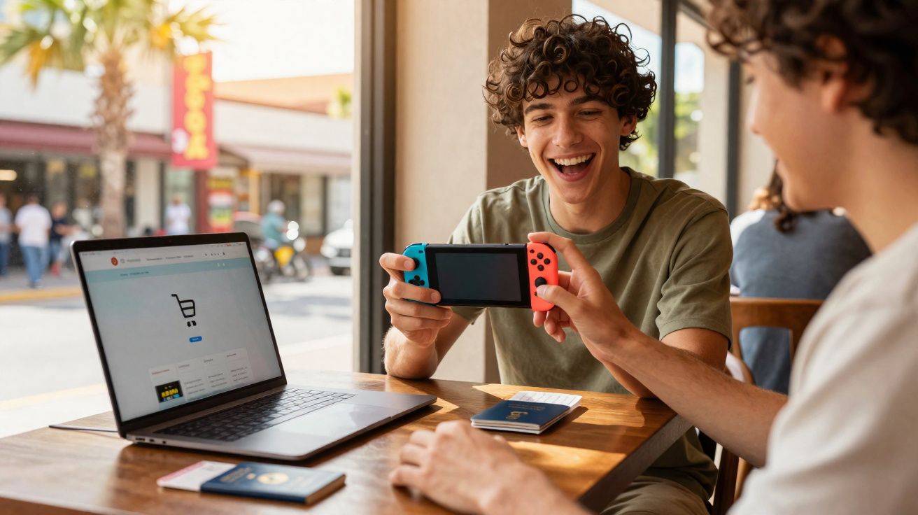 Dois jovens sentados em cafeteria, um mostrando console de videogame para o outro, com laptop e smartphones na mesa.