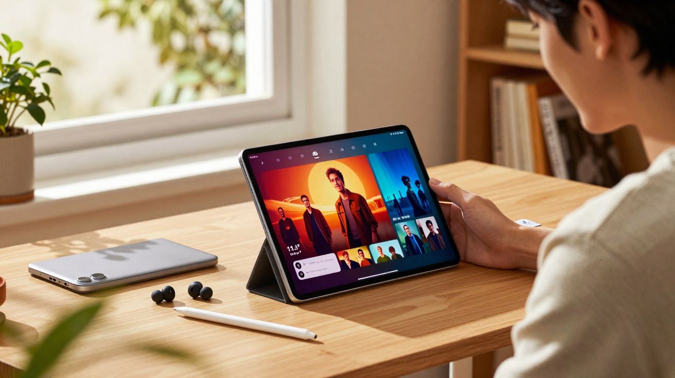 Pessoa usando tablet com capa suporte em mesa com caneta, fones e celular ao lado em ambiente iluminado