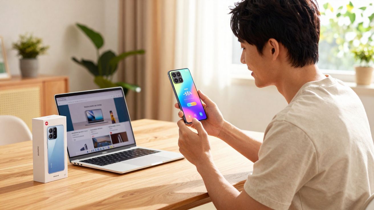 Homem sentado à mesa segurando smartphone com laptop e caixa do celular sobre a mesa.