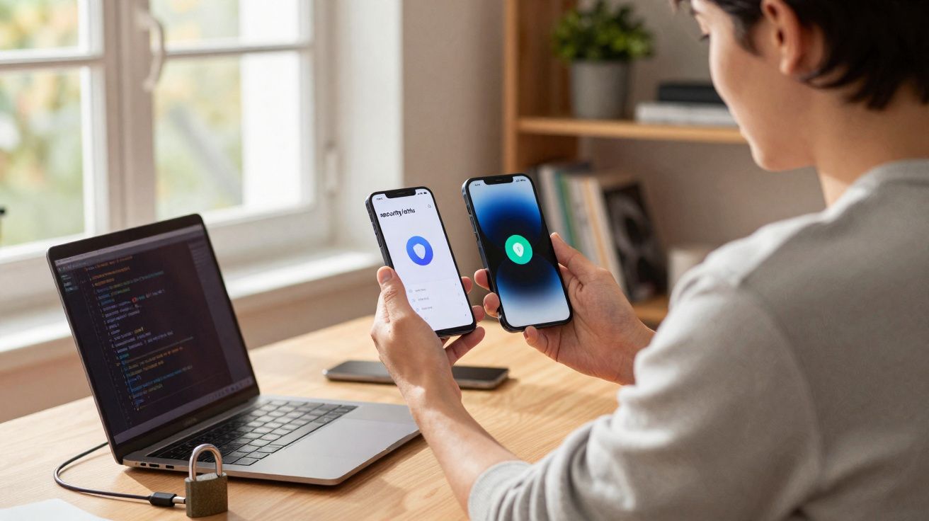 Pessoa segurando dois celulares com aplicativos de segurança ao lado de laptop com cadeado na mesa.