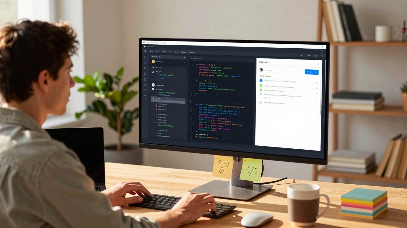 Pessoa trabalhando com código em computador em mesa organizada com caneca e bloco de notas coloridos.