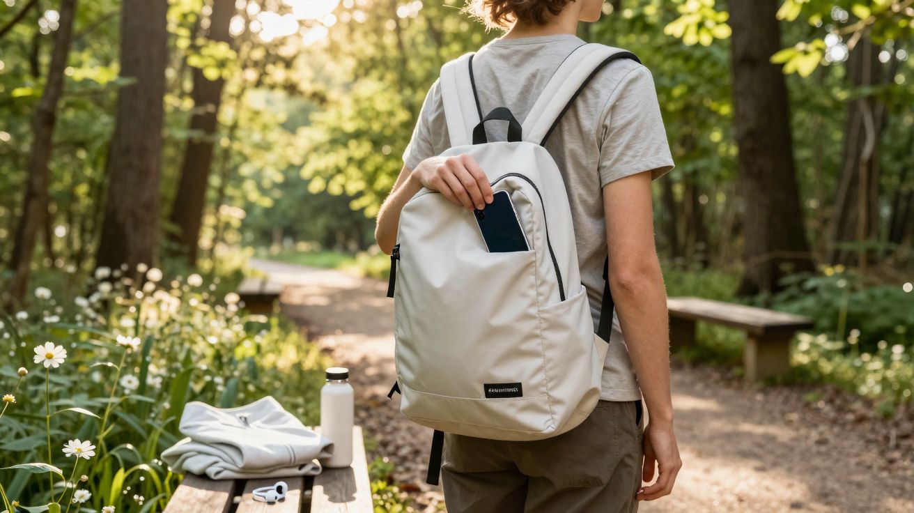 Pessoa colocando celular no bolso da mochila branca em parque com árvores e banco ao fundo.