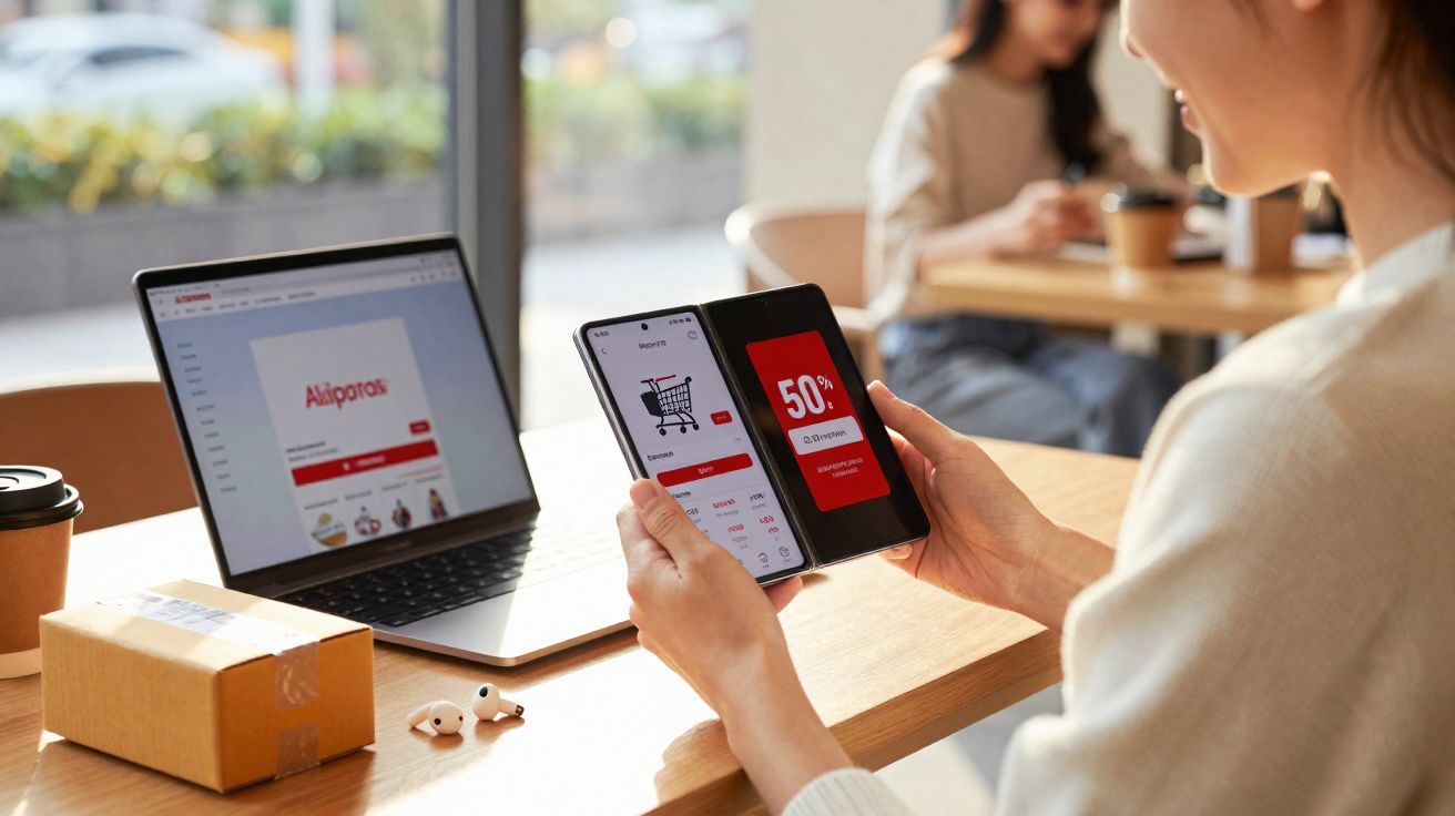 Pessoa usando celular dobrável para fazer compras online com laptop aberto e caixa de pacote na mesa.