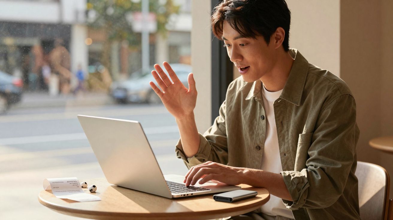 Jovem interagindo animadamente em videochamada pelo laptop em mesa de cafeteria junto à janela.